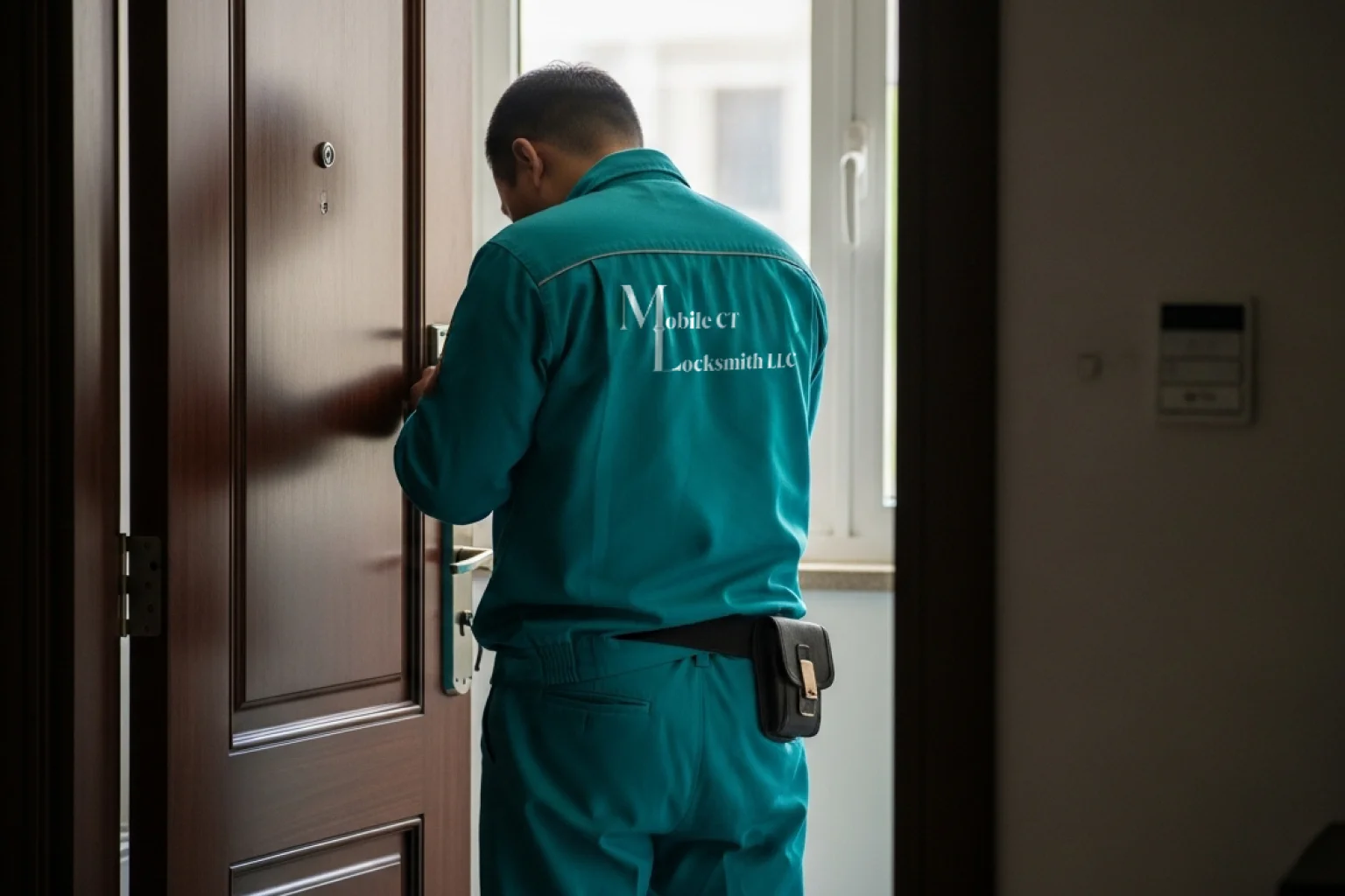 Mobile CT Locksmith technician installing door lock
